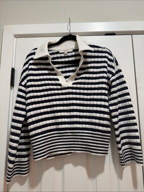 LOFT Navy and White Striped V-Neck Collared Sweater Small